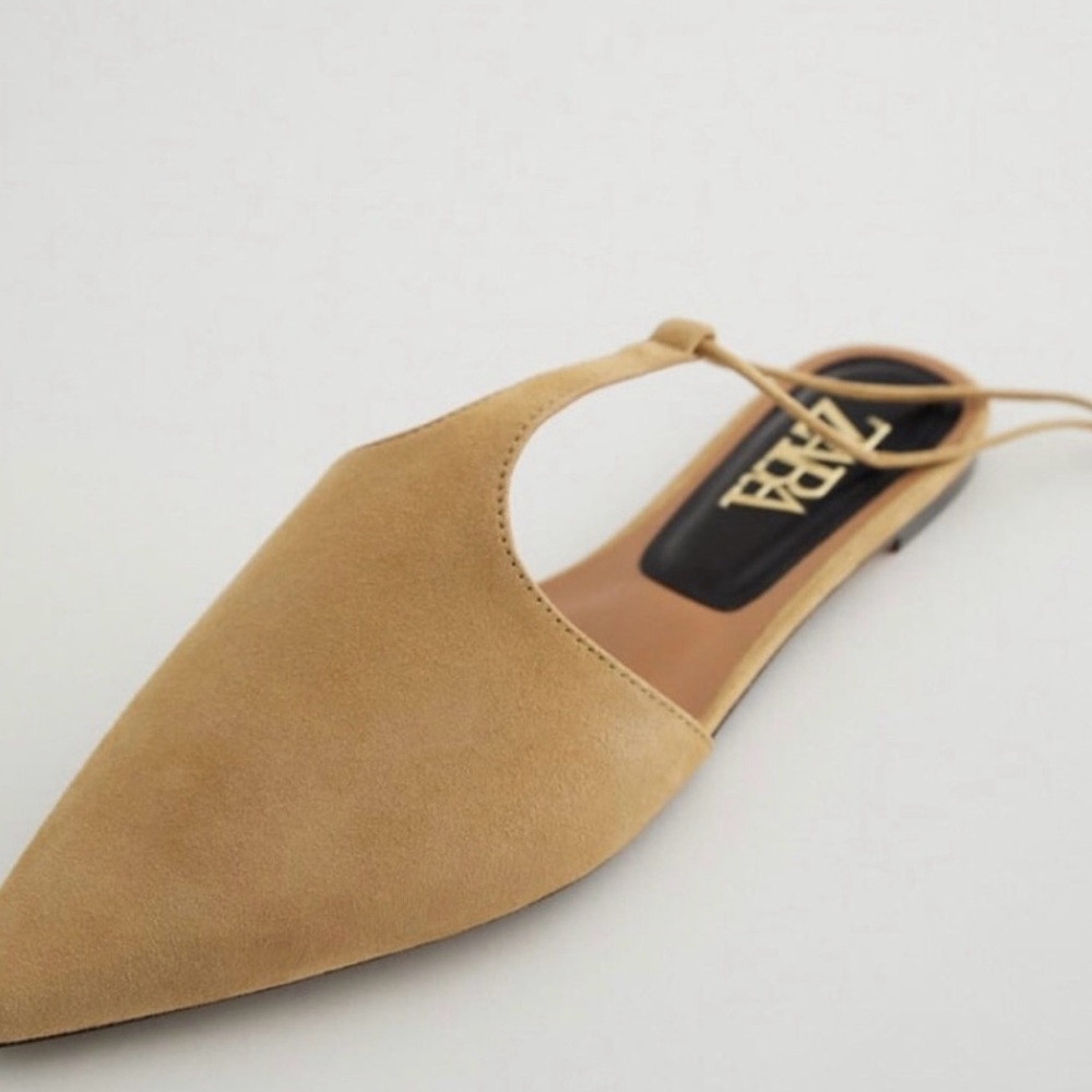 Zara Tan Pointed Toe Flats with Ankle Wrap - Picture 3 of 9